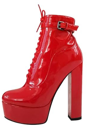 blingqueen Damen Lack Boots Schnürstiefeleten Plateau Stiefeletten Combat Booties Lackoptik Rot 42 EU