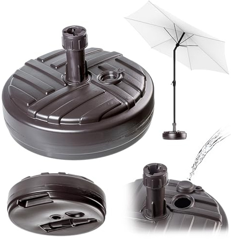 KADAX Sonnenschirmständer, Runder Schirmständer, Schirmhalter befüllbar mit Sand Wasser oder Kies, Ständer aus Kunststoff für Garten, Terrasse, Strand (Version 1 Rund, Braun)