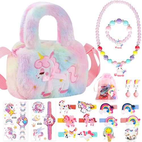 BBLTIFF Einhorn Tasche Mädchen, Schmuckset Mädchen, Einhorn Handtasche Schmuck Set, mit Tasche, Armband, Halskette, Ohrringe, Haarspange, Ring, Aufkleber
