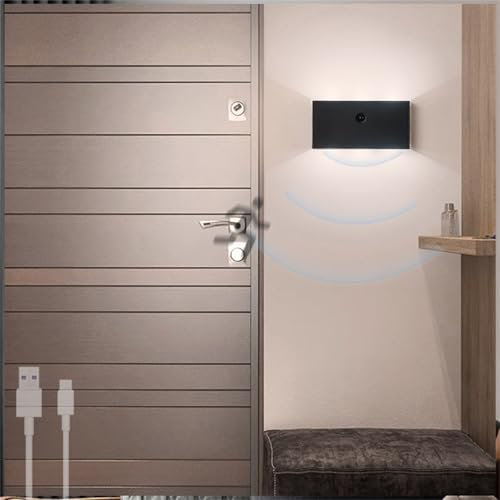 TZSMUM LED Indoor Night Light Rechargeable USB Battery Wall Sconce Cordless with Motion Sensor Wall Lamp Human Body Induction Wall Light for Bedroom Stair Living Room Hallway (Warm Light,Black)