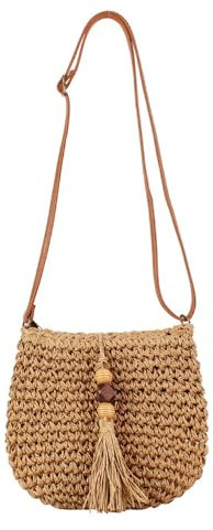 TOFBS Strandtasche Damen Sommer Gewebte Umhängetaschen Tasche Flache Korbtasche mit Quaste und Verstellbaren Schultergurte Boho Stil für Hochzeit Party Strand (Kamel)