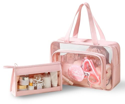 Namenand 2 PCS Neceser de Aseo, Bolsa Transparente Avion, Bolsa de Cosméticos Impermeable con Cremallera, Neceser para Viaje Neceser Hombre Mujer De Aseo Neceser De Viaje Bolsa de Gimnasio - Rosa