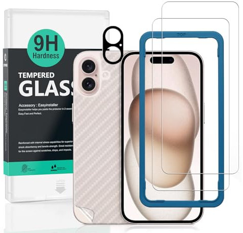 Ibywind Screen Protector Compatible with Apple iPhone 16 5G 6.1[2 Pack],9H Hardness Tempered Glass,With 1Pc Camera Lens Protector,1Pc Back Carbon Fiber Film,Easy to Install