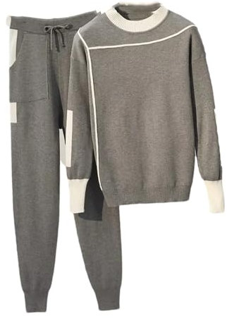 2-teiliges Strickset für Damen, Rundhalsausschnitt, für Herbst und Winter, langärmelig, Pullover + Tasche, grau, XS