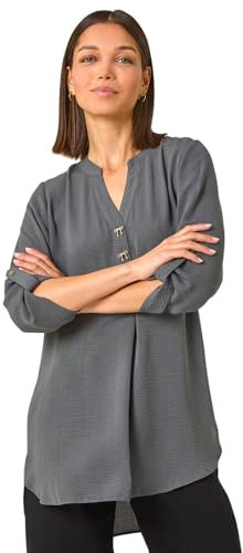 Roman Originals Shirt for Women UK Ladies Longline Top Collarless Blouse Smart Tunic Casual Evening Relaxed Fit 3/4 Length Sleeve Notch V Neck Long - Slate Grey - Size 12