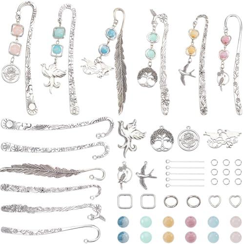 SUNNYCLUE 1 Box 6 Sets Lesezeichen Set Aus Metall Lesezeichen Sets Silber Achat Kristall Vintage Vögel Floridn Frühlingsblätter Charms Hakenperlen Lesezeichen Für Erwachsene Und Frauen Buchgeschenke