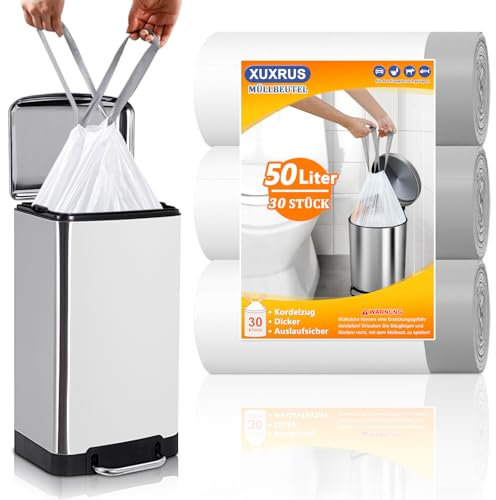 XUXRUS Lot de 30 sacs poubelle de cuisine - 50 l - Avec cordon de serrage - Blanc - Avec poignée de transport