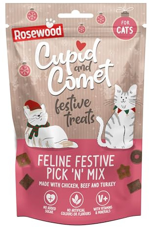 Rosewood Cupid & Comet Feline Festive Pick 'N' Mix for Cats - Meaty Cat Treat Mix Made with Chicken, Beef and Turkey, Added Vitamins and Minerals, No Added Sugar, Small Cat Biscuits (180g)
