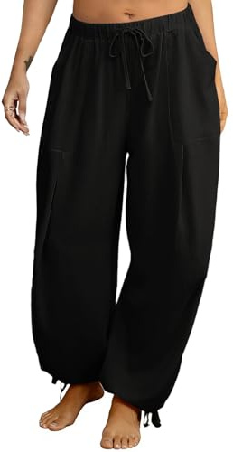 TITOMD Women's Linen Balloon Barrel Beach Pants Boho Harem Flowy Drawstring Casual Loose Pants with Pockets (US, Alpha, Medium, Regular, Regular, Black)