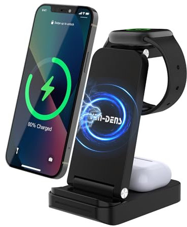 3 in 1 Wireless Charging Station for iPhone 16/15/14/13/12/11/Pro Max Plus, Watch and Phone Charger Stand for Apple Watch Ultra/10/9/8/7/6/5/4/3/2/SE, AirPods Pro/4/3/2-Black