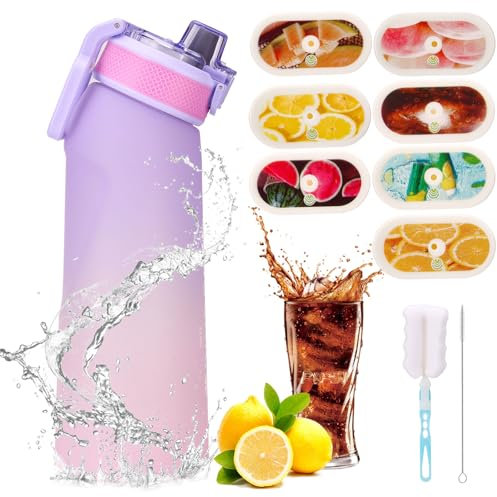 Lofrritp Air Bouteille d'eau 700 ml sans BPA gourdes avec 7 dosettes aromatiques Tritan Gaufres Arômes Fruits Parfumés Gourde Preuve de Fuite 0 % Calories 0 % Sucre avec Paille pour Fitness