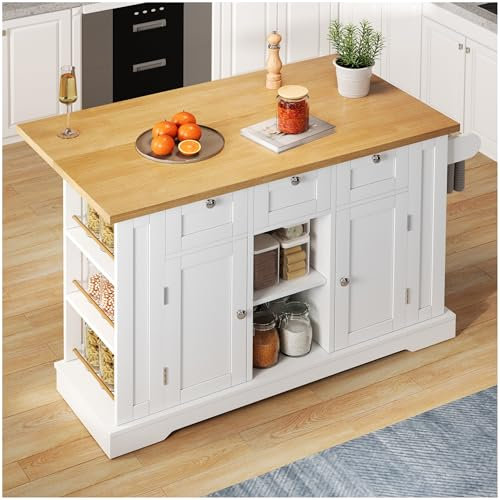 Zubaliya Îlot de Cuisine 132 x 40 (70) x 87cm avec Plan de Travail Rabattable,Buffet Cuisine avec tiroir, étagère à épices,Porte-Serviettes,Prise de Courant intégrée,Buffet Salle a Manger,Blanc