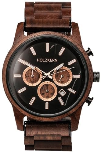 HOLZKERN Herrenuhr Quarz Chronograph Buschwerk Walnuss/Marmor 9010631016364 | Armbanduhr mit japanisches Quarzwer und Zifferblatt aus schwarzem Marmor