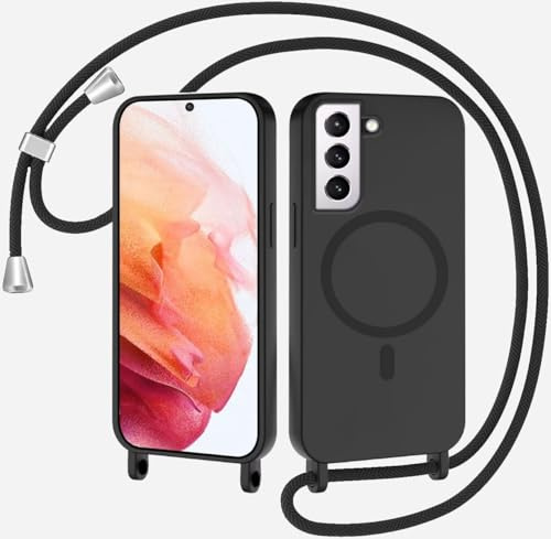 xinyunew Coque Magnétique pour Samsung Galaxy S21 avec Cordon, Compatible avec MagSafe Collier Étui Silicone Liquide avec Tour de Cou Lanière en Corde Souple TPU Antichoc Housse,Noir