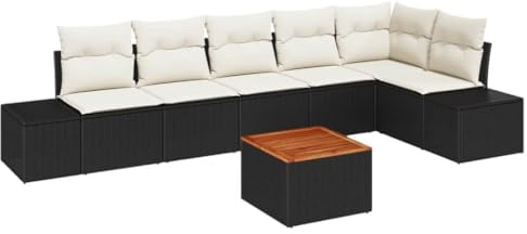 vidaXL 7-teilige Garten-Sofagarnitur mit Kissen, Schwarz, Poly-Rattan, Akazie – Coole, modulare, gepolsterte Lounge-Sofas für die Terrasse, UV-beständig und modern!