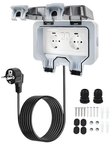 Prise extérieure étanche IP66, prise extérieure étanche en saillie avec câble de 5 m, interrupteur et lumière indicatrice, pour jardin, garage, machine à laver
