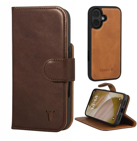TORRO Leather Case Compatible with iPhone 17 6.3” 2025 – Leather Bumper Case with Detachable Wallet Cover with Stand and Card Slots (Compatible with Official MagSafe Chargers) - Dark Brown