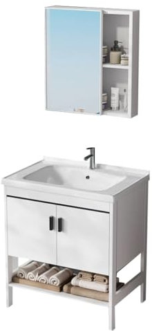 Easnuroz Evier Et Miroir Intégrés Meuble De Salle De Bain avec Rangement Vasque en Céramique Meuble Lavabo Peu Encombrant pour Toilettes, Salle d'eau Et Balcon(50 * 35 * 80cm)