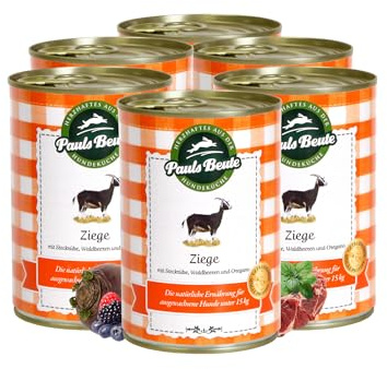 Pauls Beute Hochwertiges Hundefutter Nass | Single-Protein Ziege 60% | 6 x 400g | Mit Steckrübe & Waldbeeren | Getreidefreies Nassfutter für ausgewachsene Hunde | Ohne Zusatzstoffe | Leicht verdaulich