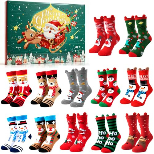 12 Paar Weihnachtssocken-Adventskalender, Weihnachten Geschenke für Frauen, Weihnachten Socken für Damen Frauen, Weihnachtssöckchen Set für Adventszeit & Familienfeiern