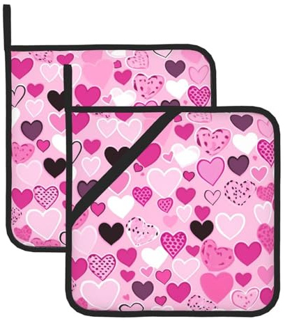 Pot Holders Set of 2 Heat Resistant Non Slip Potholders Pink Love Heart Pot Holders Kitchen Hot Potholders Washable Oven Mitts Cooking Pads Oven Hot Pads for Kitchen Cooking Baking Barbecue