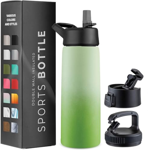 Triple Walled, Insulated Water Bottles with Straw Lid/Flip Top Lid/Wide Mouth Cap - Stainless Steel Metal Bottle for Travel, School, Sports, Gym (Dreamy Green, 750 ml)