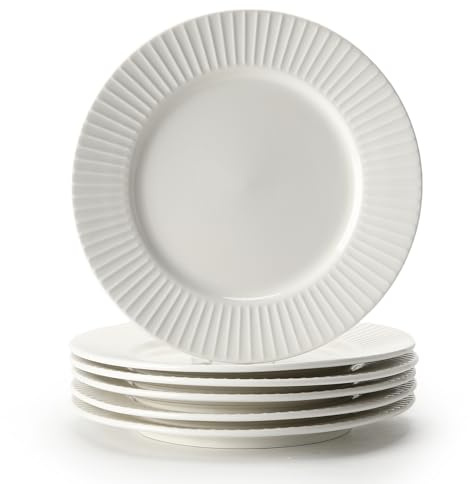 ZPPLD 6 Pack Ceramic Dinner Plates 20cm, White Embossed Dessert Plates, Vintage Style Side Plates, Dishwasher & Microwave Safe, Round Serving Plates for Pasta Salad Breakfast
