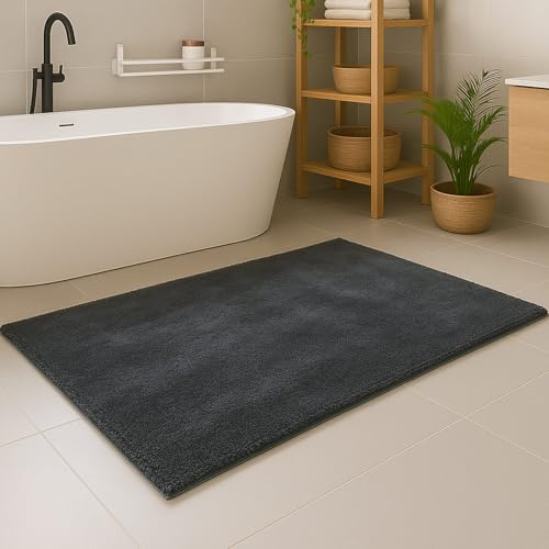 carpet city Badezimmer-Teppich Waschbar Anthrazit 50x90 cm - Weicher Badvorleger Einfarbig rutschfest - Duschvorleger, Badematte Soft-Touch Haptik