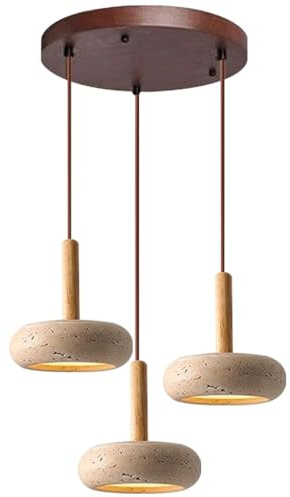 TMKOO Wabi Sabi Pendelleuchte Gelbe Travertin Mit Rundem Naturstein Schirm Nordische Holz LED Hängelampe Verstellbare Schlinge Für Schlafzimmer Nachttischlampe Wohnzimmer Kücheninsel(Round)
