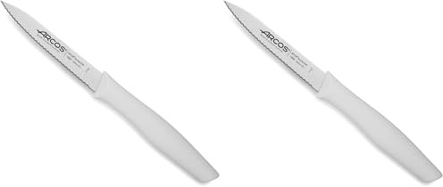Arcos Küchenmesser Serrado 100 mm - Edelstahlklinge NITRUM für Langlebigkeit und präzisen Schnitt - Weißer Polypropylen-Griff - Nova Serie (Packung mit 2)