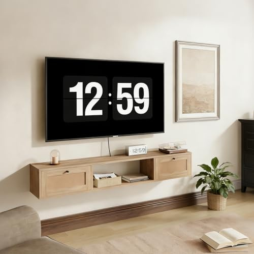 DSNAPE Floating TV Stand, Wall Mounted TV Unit for TVs up to 67 Inches with 2 Cabinets, Entertainment Center TV Console for Under TV Large Storage (Oak, 145CM/57.1)