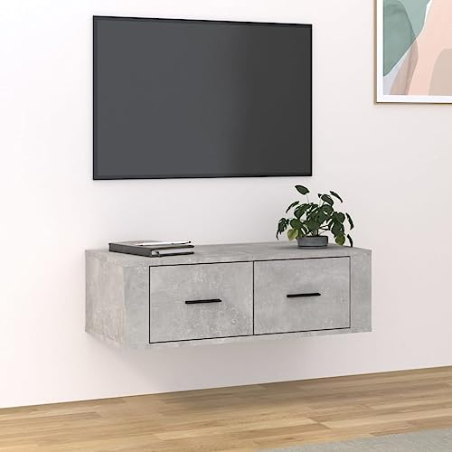 sephironlbb Armoire TV murale gris béton 80 x 36 x 25 cm - Étagère multimédia suspendue en bois - Console TV flottante avec 2 tiroirs pour salon et chambre à coucher