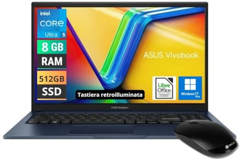 ASUS Notebook Vivobook, PC portatile, CPU Intel core 5 series 120U 10 core 5Ghz, Ram 8Gb, SSD M,2 512Gb, 14 FullHD ips, WiFi, 5 USB, HDMI, Windows 11 Pro, Tastiera Retroilluminata, Libre Office, Mouse