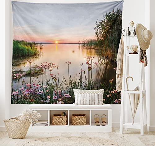 ABAKUHAUS Natur Wandteppich und Tagesdecke Natur Fotographie Ruhigen Seeufer Sonnenuntergang Landschafts Druckaus Weiches Mikrofaser Stoff 230 x 140 cm Moderner Digitaldruck Grün helles, Rosa und blau