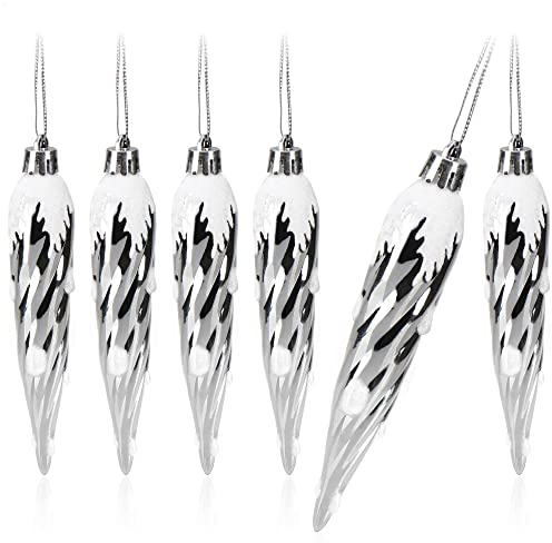 com-four® 6X Christbaumanhänger Eiszapfen mit Schnee - edler Tannenbaumschmuck zum Anhängen - Christbaumschmuck für Winter- und Weihnachtsbaum-Dekoration - Christbaumkugel-Set (Silberfarben)