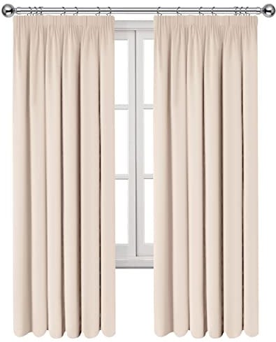 Imperial Rooms Blackout Curtains for Living Room - Pencil Pleat Cream Bedroom Curtains 90x90 Drop Inch Thermal Insulated Super Soft Black Out Kitchen Curtain Pair Panels with Tiebacks