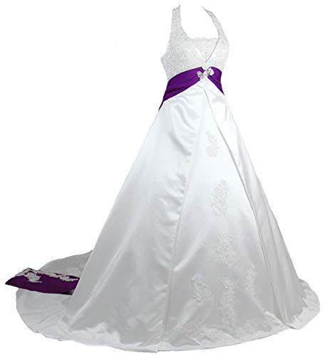 Zorayi Élégant A-Ligne Licou-col Satin Vêtements de mariée Robes de Mariage Longue Robes de mariée sans Manches Blanc & Violet Taille 40