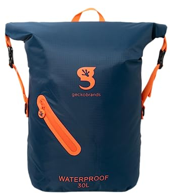 geckobrands Mochila ligera impermeable de 30 litros, bolsa ligera y hermética al aire libre, senderismo, viajes, actividades acuáticas ligeras, Azul marino, naranja, L, Mochila impermeable ligera de