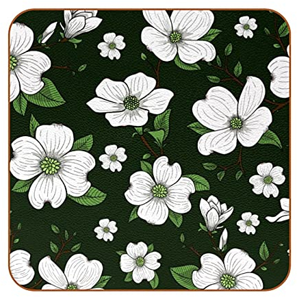 Ensemble de 6 sous-Verres pour Boisson,Tapis de Tasse carrée à Motif de Fleurs Blanches pour Isolation Thermique,Protection et décoration de Meubles