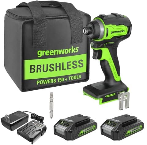 Greenworks 24V Brushless 1/4 Cordless Impact Driver, (2) 2.0Ah Batteries, Compact Charger, and Bag Included