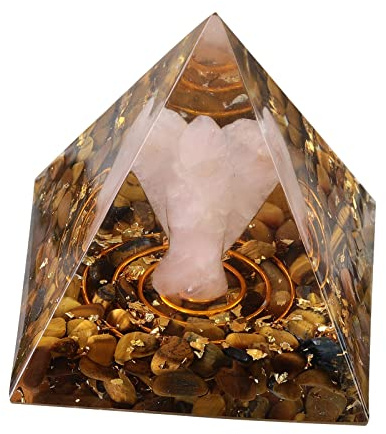 mookaitedecor Tigerauge Stein Kristall Pyramide mit Rosenquarz Engel | Dekorative Kristall Piramida, Handgefertigte Harz Stein Pyramide für Büro Haus Dekoration/ Meditation/Yoga Chakra/Wohnkultur