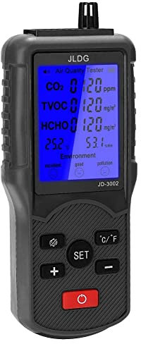 Djioyer Luftqualität Messgerät, Luftqualitätsdetektor, Jd-3002 Co2 / Tvoc/Hcho/mit Großem LCD-Display Temperatur- und Luftfeuchtigkeitsmesser