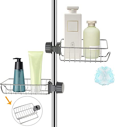 GutView 2 Stück Duschablage zum Hängen, Shampoo Halterung für Dusche,Schwammhalter Küche mit Handtuchhalter, ohne BohrenEdelstahl Wasserhahnregal, für runde Duschstangen mit 18–25 mm Durchmesser