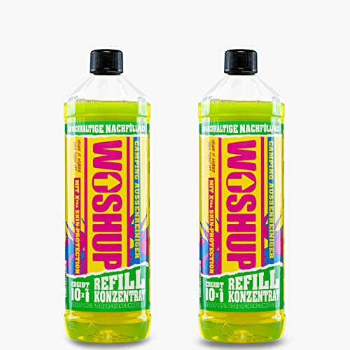 WOSHUP! Wohnwagen Reiniger mit Xtra Skin Schutzfilm 2 x 1L Konzentrat, Auto Reiniger für Camping, Caravan, Wohnmobil, Markise, GFK und Aluminium