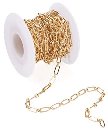 Bestewelry Catene ro in ottone placcato oro 18 carati, 9 x 3 x 1,1 mm, anello saldato e catene a maglie ovali con rocchetto per fai da te, bracciali, collane, orecchini, gioielli