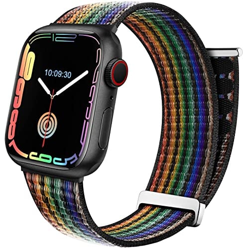 Mastten Sport Pride Armband Kompatibel mit Apple Watch Armband 42mm 44mm 45mm 46mm 49mm, Nylon Klettverschluss Geflochtenes Armbänder für iWatch Series 10 9 SE 8 7 6 5 4 3 2 1, Schwarz Regenbogen