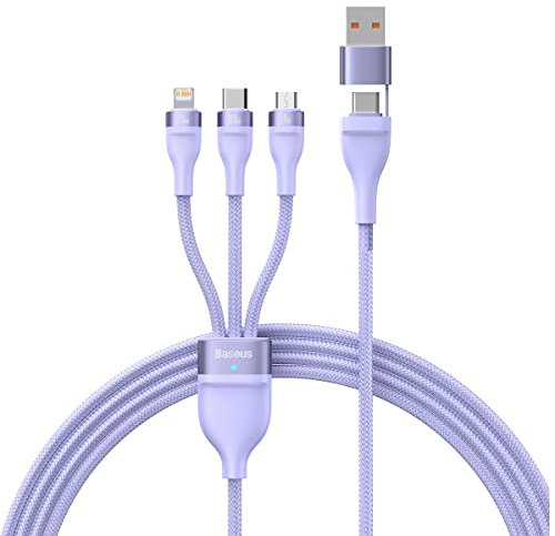 Baseus Cable USB 3 en 1 Flash Series 2, USB-C + micro USB + Lightning, 100 W, 1,2 m (morado)