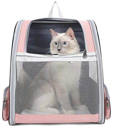 Tecageaon Haustier-Rucksack für kleine Katzen, Hunde, Kaninchen, belüftetes Design, Sicherheitsgurte, Schnallenstütze, zusammenklappbar, Wandern, Spazierengehen und Outdoor-Gebrauch (Rosa)