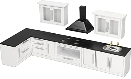 plplaaoo Puppenhaus-Küchenmöbel-Kit, 7-teiliges 1:12-Holz-Mini-Puppenhaus-Küchenschrank, Puppenhaus-modernes Küchenmöbel-Set für Puppenhaus-Dekoration, Miniatur-Puppenhaus-Zubehör, puppenhaus zube
