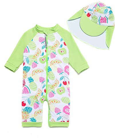 ADAVERANO Baby Mädchen Badebeklideung/Sonnenanzüge UV50+ In einem Stück Durchgehender Reißverschluss vorne mit Sonne Hut.(Obst,74-80Cm)